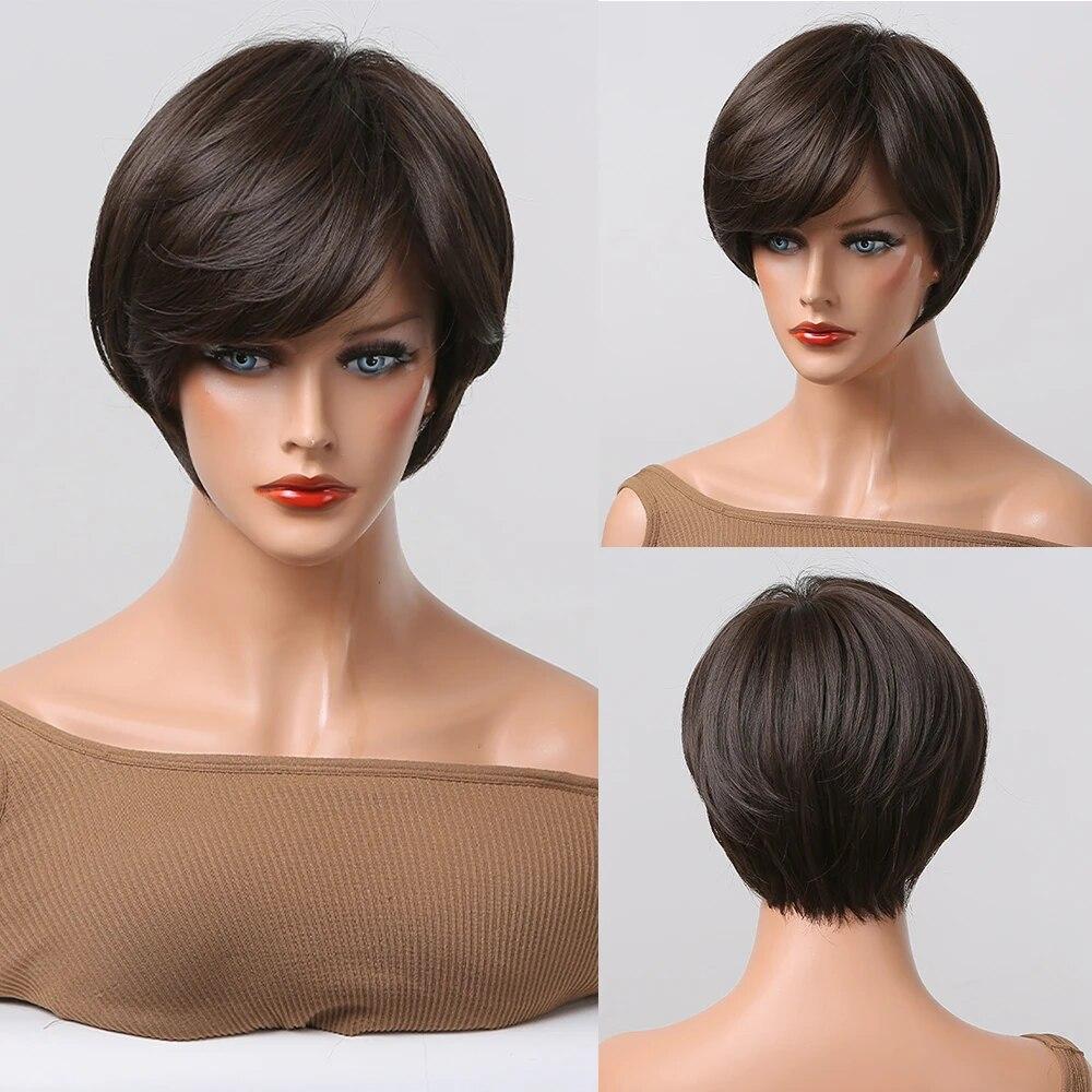 Short Straight Bob Synthetic Wigs with Bangs for Women Brown To Blonde Wig Cosplay Party Daily Heat Resistant Fiber Hair