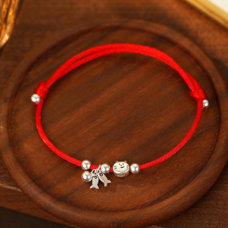 Banyan Tree S925 Silver Lucky Cat & Fish Bracelet - Women's Zodiac Red Rope Jewelry Gift