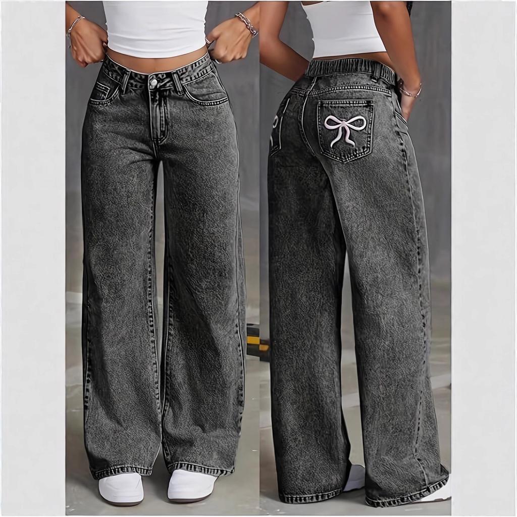 High Waist Bowknot Embroidered Jeans - Women's Sweet & Spicy Style, Straight Leg, Loose & Casual.