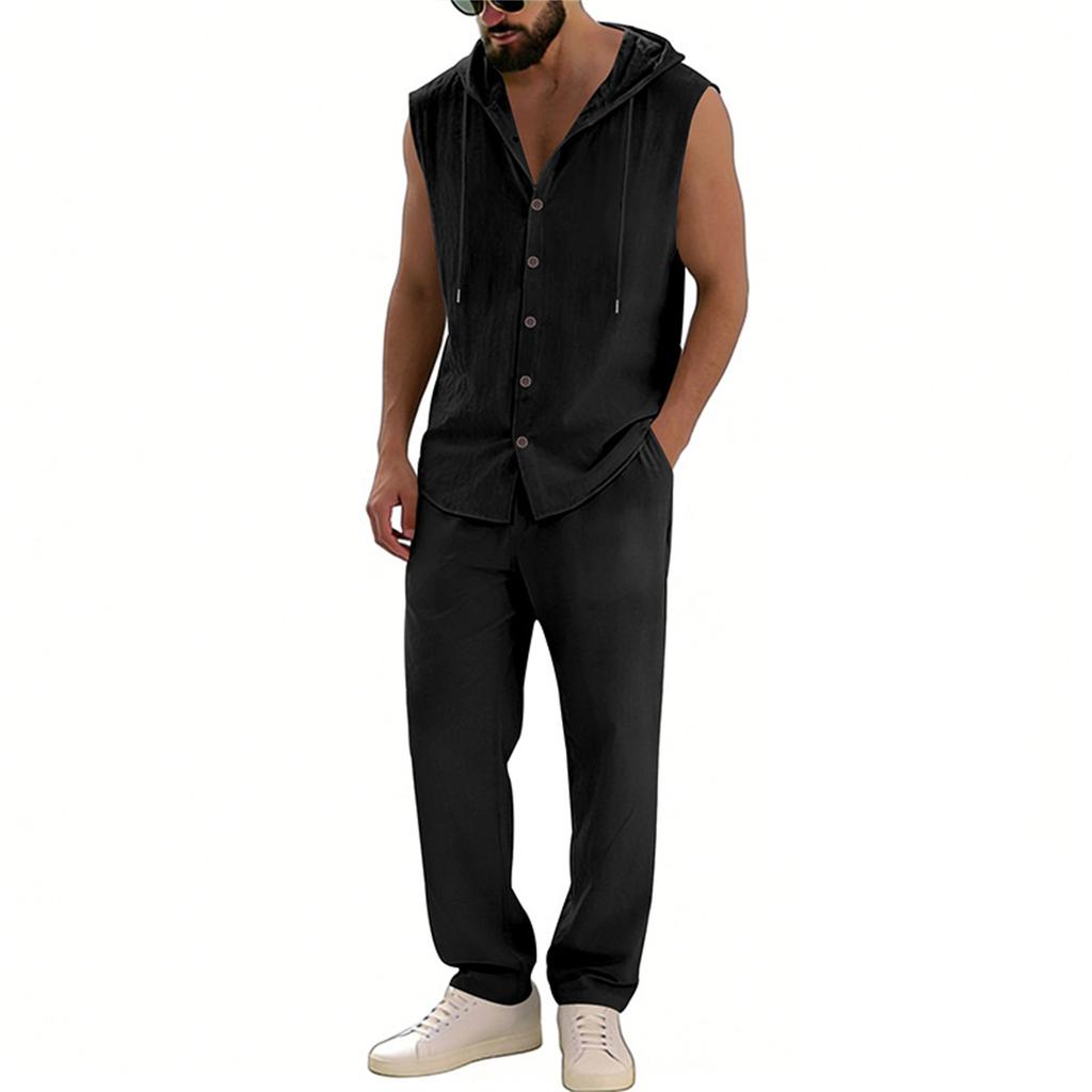 Completo casual da uomo con gilet senza maniche con cappuccio e pantaloni
