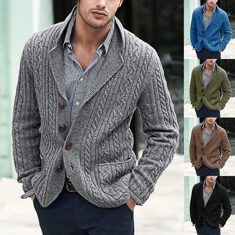 Men's Chunky Knit Cardigan with Cable Stitch Detail, Four-Button Front, Available In Multiple Colors