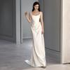 Retro Satin Light Wedding Dress - Simple Spaghetti Strap Gown with Small Train