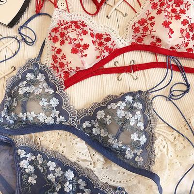 Französisch Spitze Blumen Stickerei Dessous Set Sexy Ultra Dünne Bh Set Frauen Dreieck Tasse Bequeme Bralette Weibliche Gepolsterte Bhs