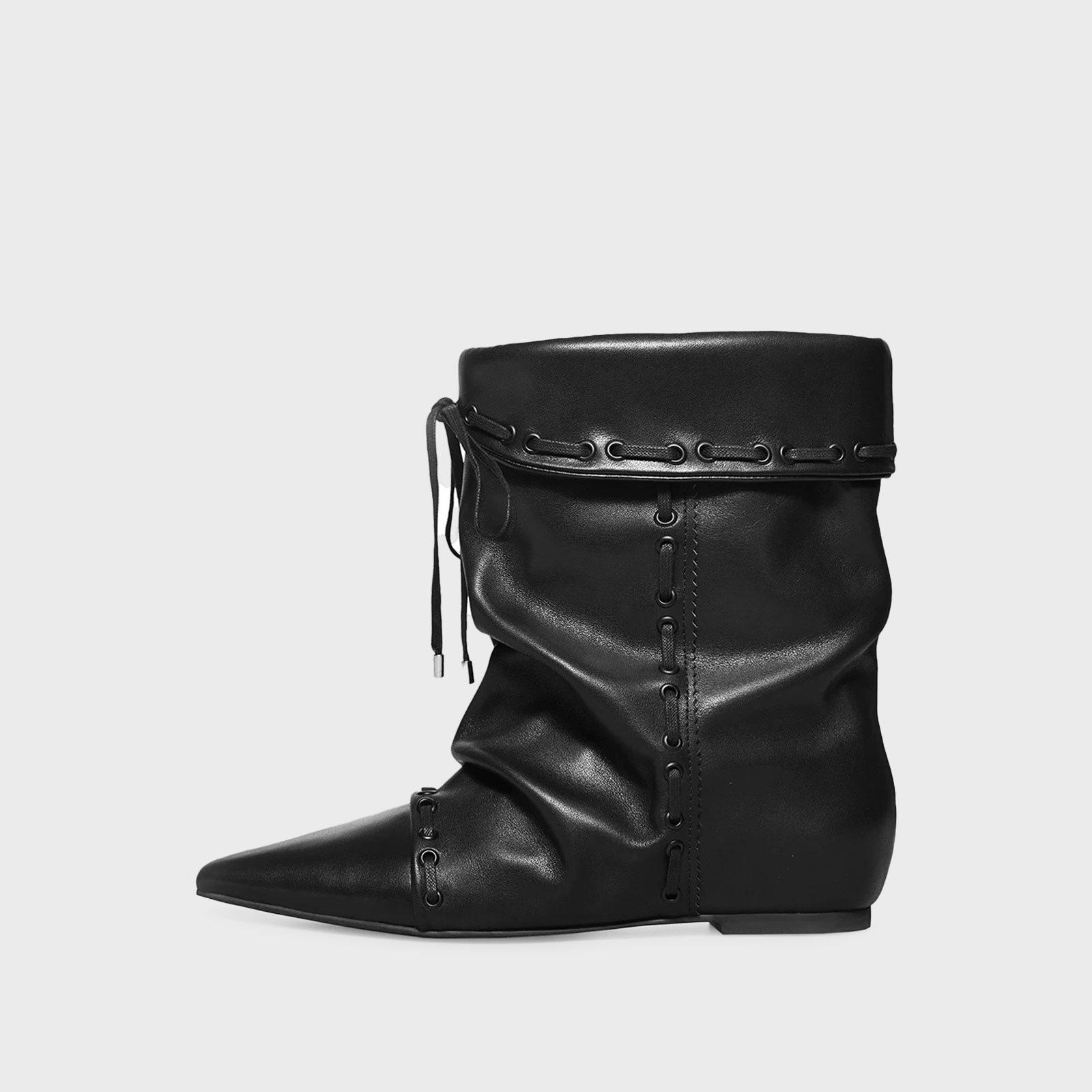 

Leather pleated piled boots women s 2025 summer new two-wear pointed knight boots foldable versatile boots 40