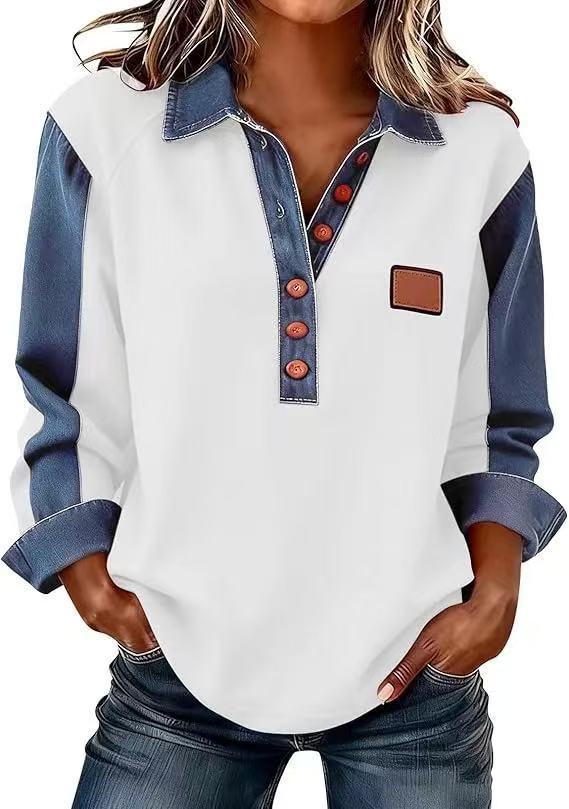 2026 new European and American style 3D printing color matching denim knitted sweater women's loose long-sleeved lapel pullover cross-border explosion