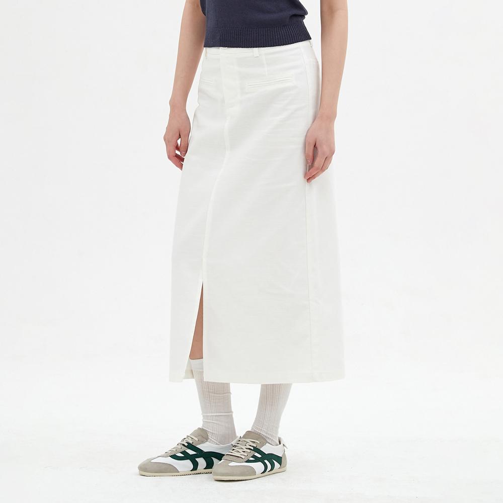Elssibeui Linen Front-Slit Long Skirt_White
