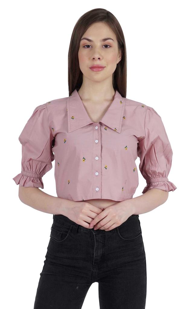 Moomaya Puff Sleeve Crop Top For Women Solid Button Down Collar Designer