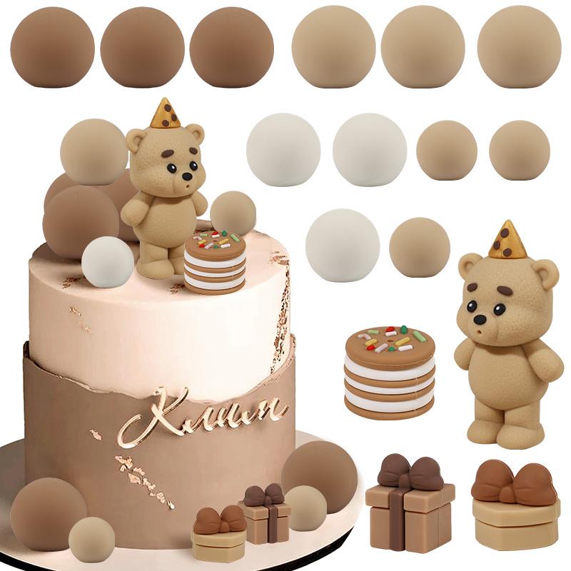 16pcs/set Bear Balls Cake Topper for Kids Boy Girl 1st Birthday Party Decoration INS Style Cake Decor Teddy Theme Baby Shower