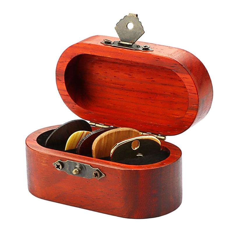 Wood Guitar Pick Storage Box Container Portable Guitar Pick Box Holder Collector with 5 Guitar Pick Gift for Guitarist
