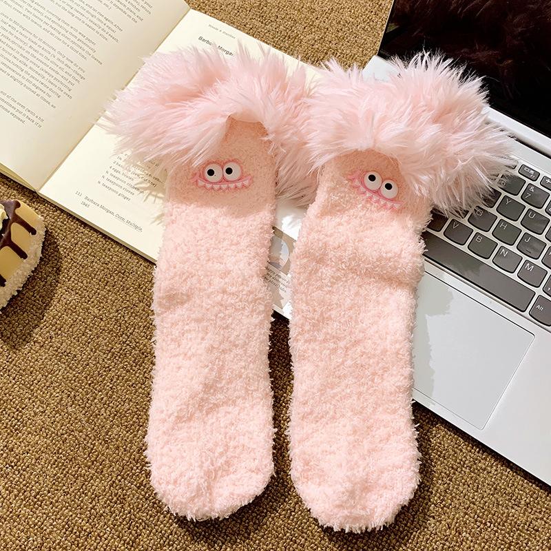Funny Big Mouth Monster Plush Socks Cartoon Creative Warm Plush Thick Coral Velvet Sleeping Socks Winter Women Socks Gifts