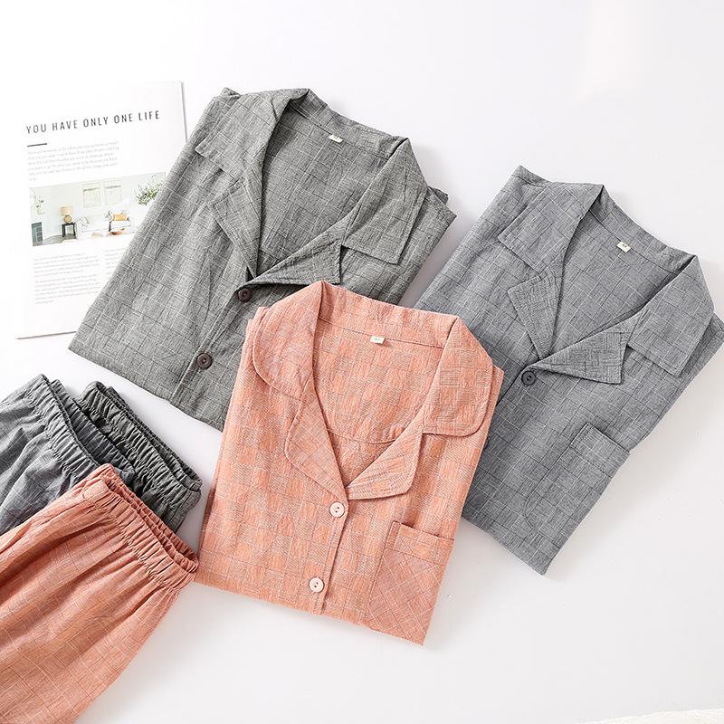 Spring and summer pure cotton washed cotton hidden compartment lapel collar couple men's women's short-sleeved trousers lapel collar cardigan pajamas