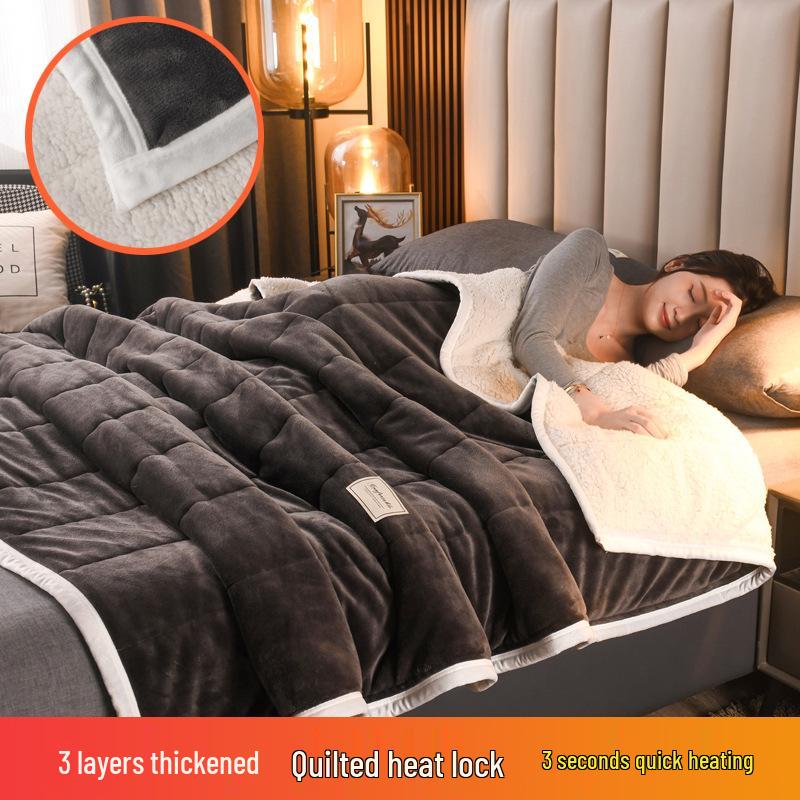 Thick Three-Layer Quilted Milk Velvet Lambswool Flannel Blanket for Autumn and Winter Warmth