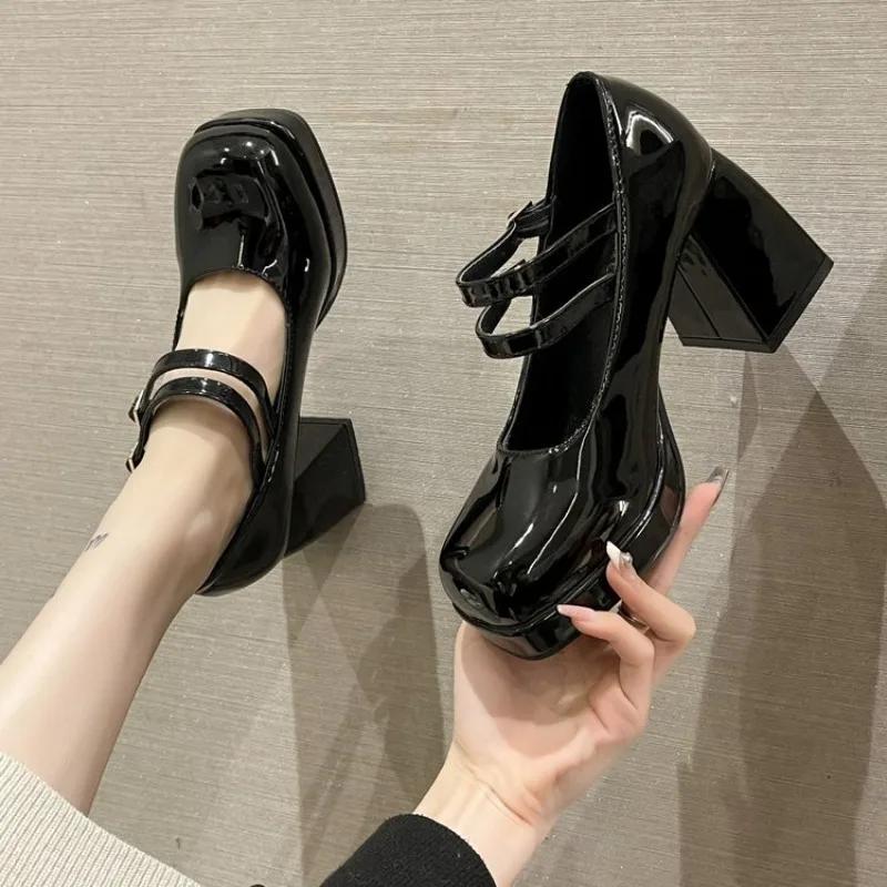 Fashion New Lacquer Leather Women's Double Button Thick High Heels Women's Square Head Buckle Thick Heels Large Heels Women's Shoes