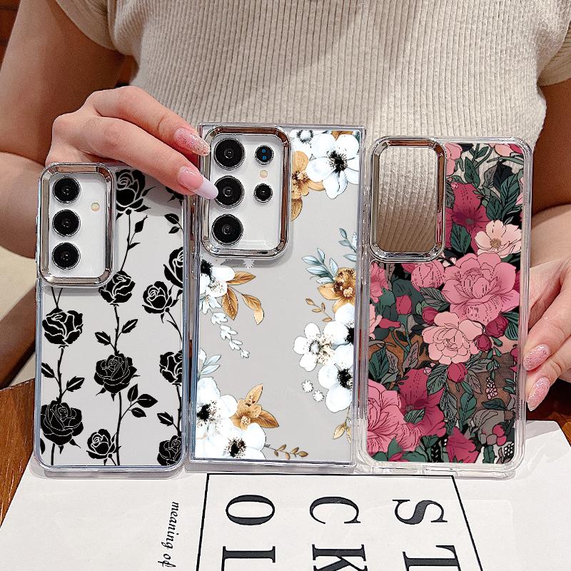Retro Flowers Black Rose Print Case For Samsung S26 S25 Ultra S24 S23 S22 S21 FE A15 A35 A55 A16 A26 A36 A56 A17 A37 A57 5G Plating Lens Soft Cover
