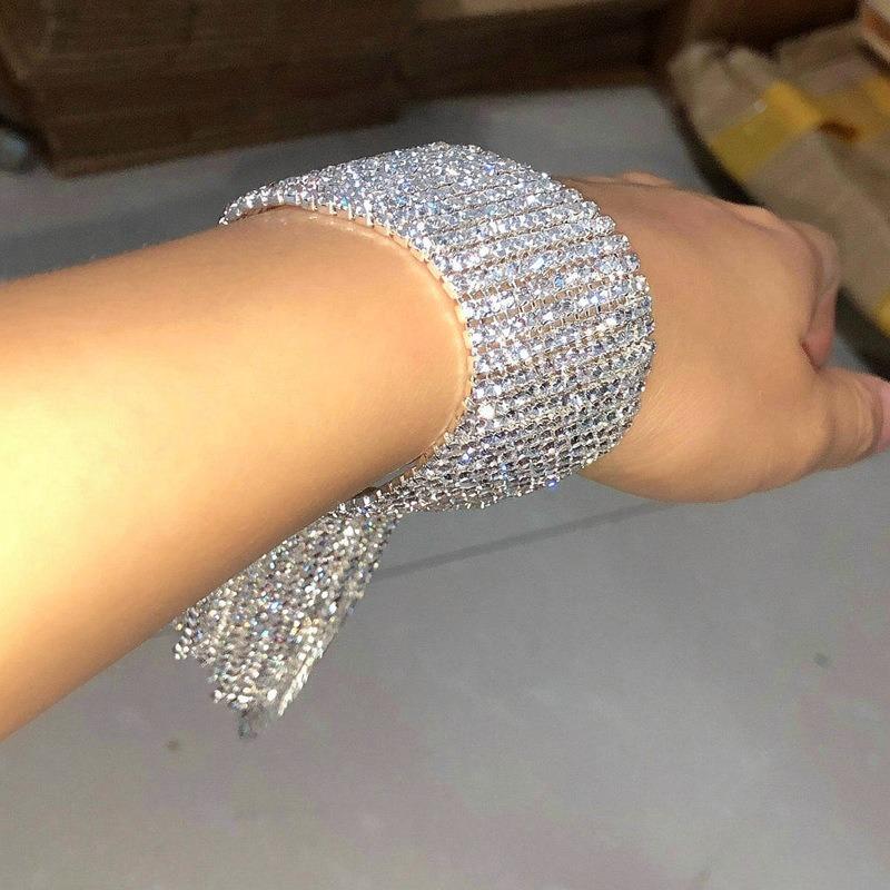 Hot Sale Full CZ Cubic Zirconia Wide Long Tassel Strand Bracelets for Women Silver Plated Copper Accessories Wholesale