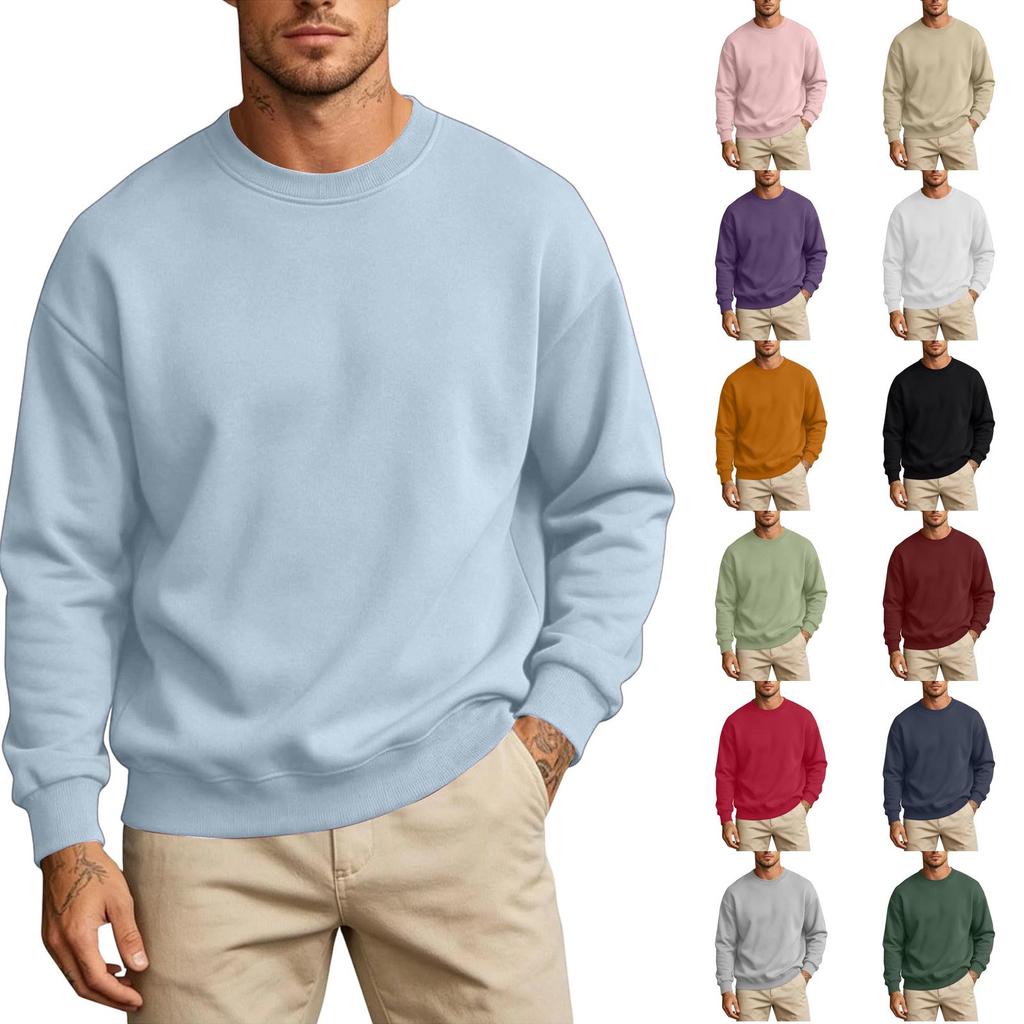 Men's Color Round Neck Long Sleeve Sweatshirt Casual Loose Fit Pullover