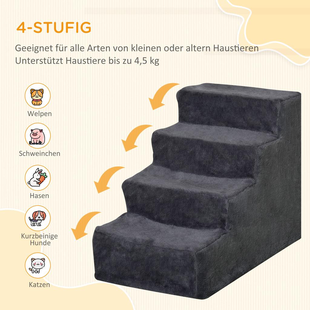 Four-Step Dog Stairs, with Washable Plush Cover, for High Bed Sofa, Dog Stairs for Small Dog and Cat - Dark Grey