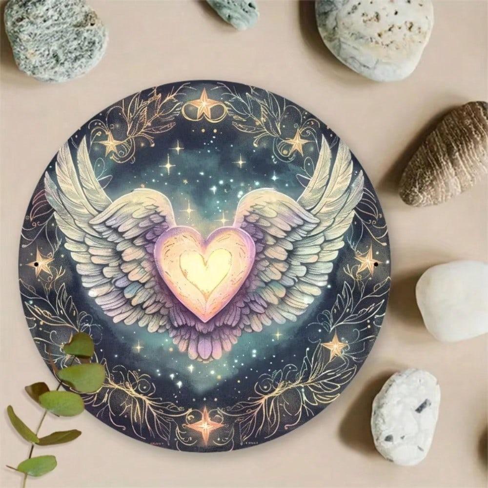 3D Iron Wall Art Angel Wing Heart Vintage Home Decor Metal Round Sign 12 Inch Indoor Outdoor Garden Room Office