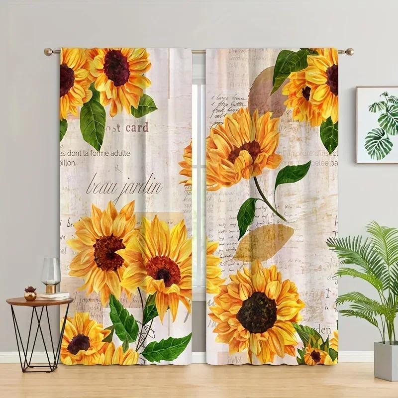 3D 2panels Black Sunflower Printed Curtain, Rod Pocket Curtain For Bedroom Office Kitchen Living Room Study Home Decor