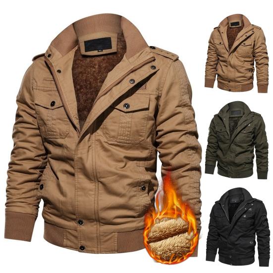 Men Bomber Jacket Plush Lining Multi Pockets Solid Color Zipper Closure Coldproof