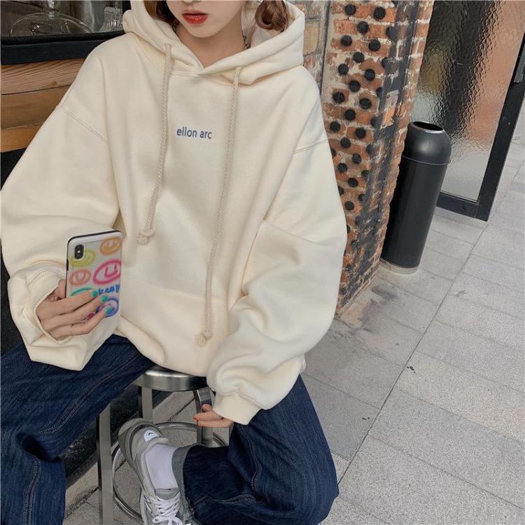 Autumn Winter Velvet Hooded Oversized Hoodie Women Loose Top Letter Print for Student Ladies