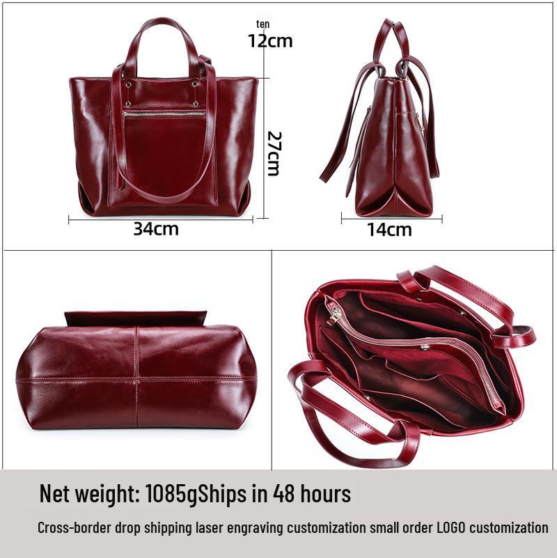 Women's Full-Grain Cowhide Large-Capacity Handbag - Genuine Leather, Business Commuting, 14-Inch Laptop Bag, Single-Shoulder Design.