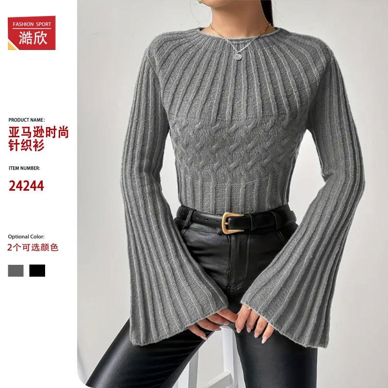 Women S Knit Sweater Pullover Round Neck Flare Sleeve Solid Color Casual Top