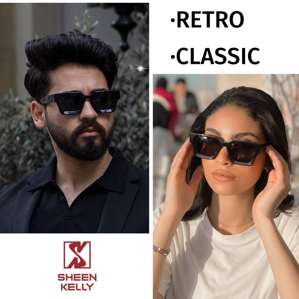 Retro and Fashionable Rectangular Sunglasses with Colored Lenses for Men and Classic Black Rectangular Glasses with UV400 Protection [SHEEN KELLY]