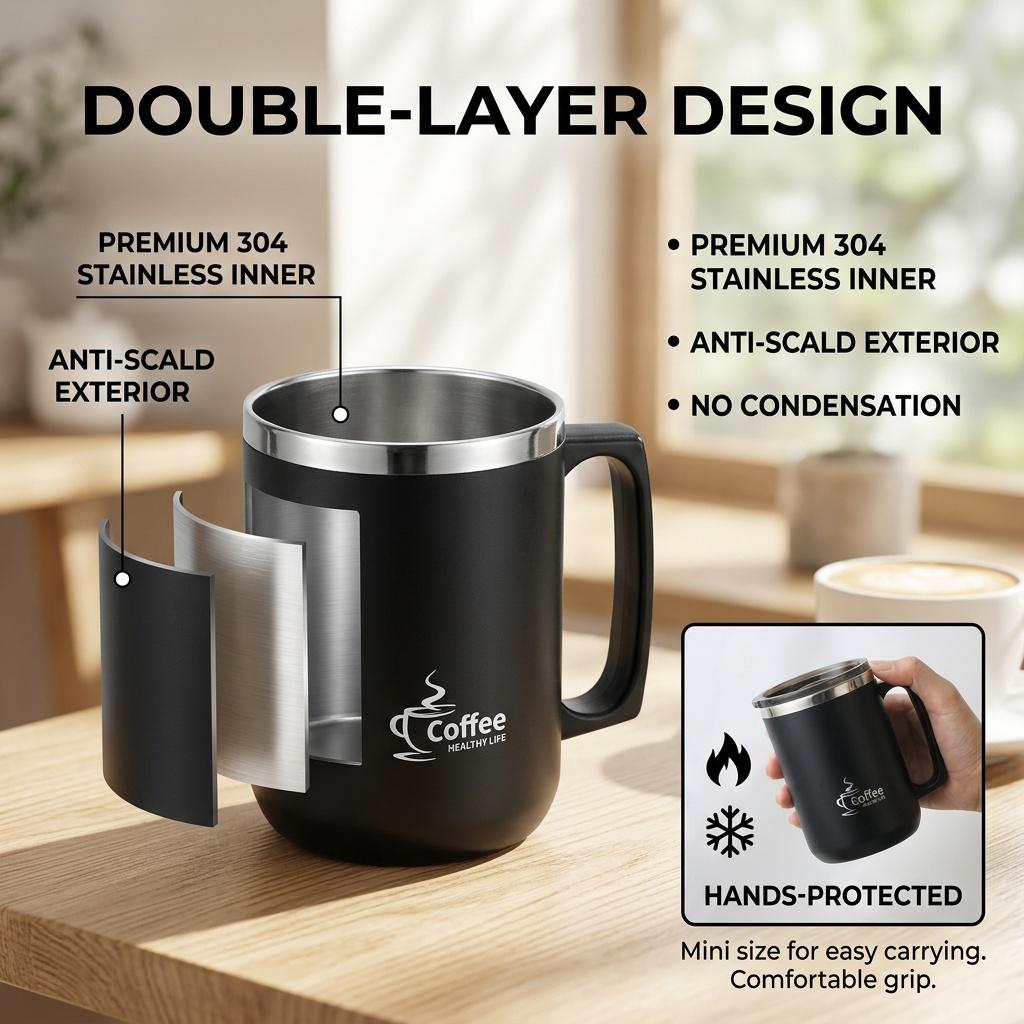 Mini Thermal Coffee Mug with Handle 304 Stainless Steel Insulated Tumbler Leakproof Portable Travel Cup Thermos Water Bottle