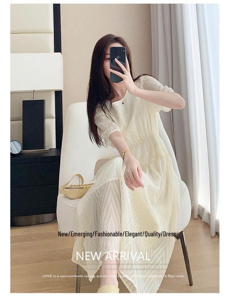 Elegant Mid-Length Chiffon Dress - Summer 2025, Round Neck, Slimming, Flattering Fit