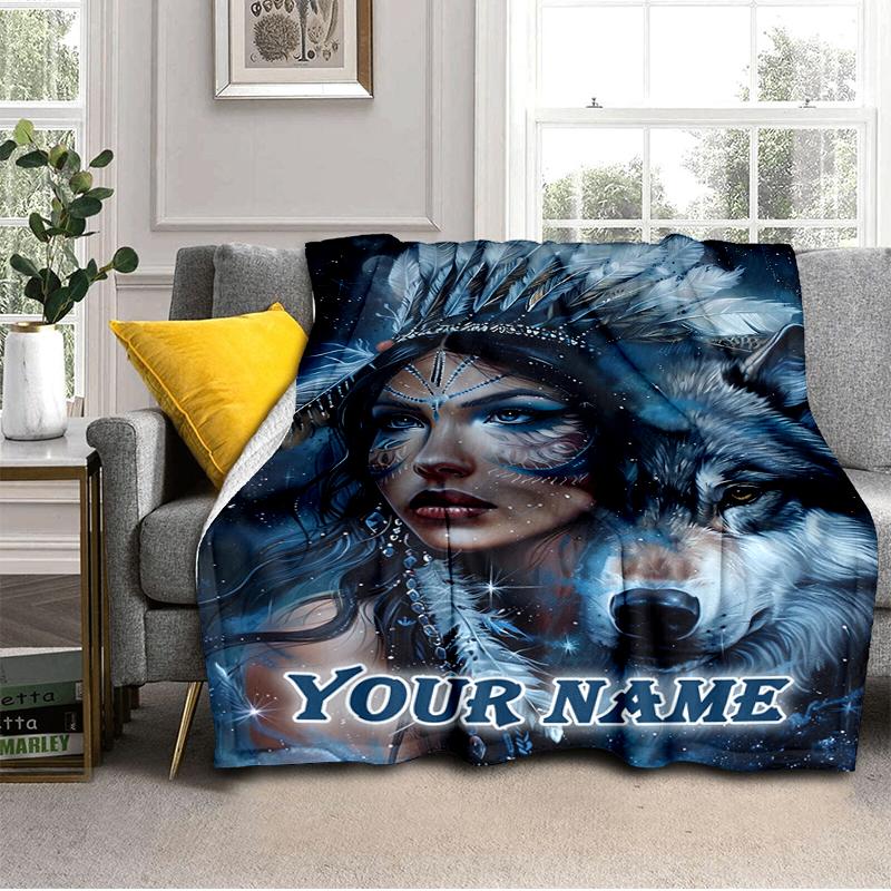1PC Custom Name Native Spirit Wolf flannel blanket versatile,all-season throw suitable for the living room,bedroom,camping,travel,and gift