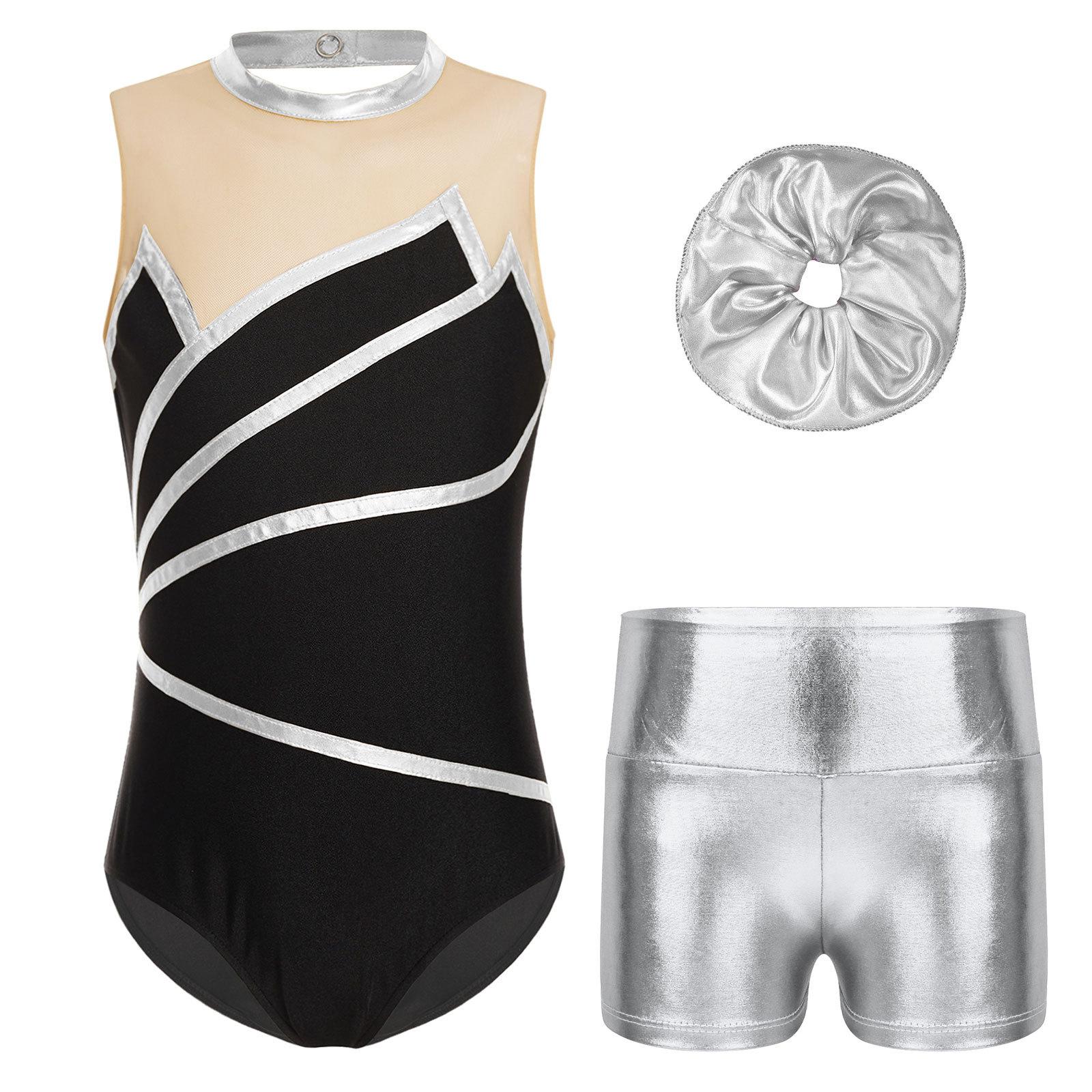 

Детский спортивный комплект для девочек, лоскутное гимнастическое трико без рукавов с металлическими шортами, повязка для волос для тренировок, сценический костюм 15-16 Years серебряный