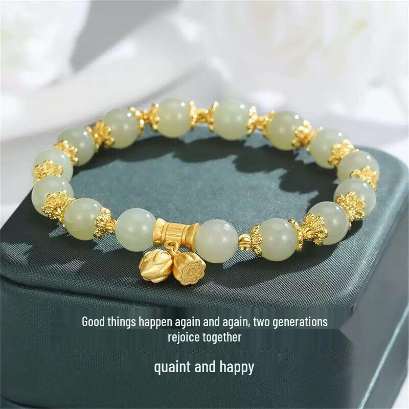 Golden Silk Jade Bamboo Bracelet: Elegant Beaded Pumpkin Design with Imitation Hetian Jade In New Chinese Retro Style