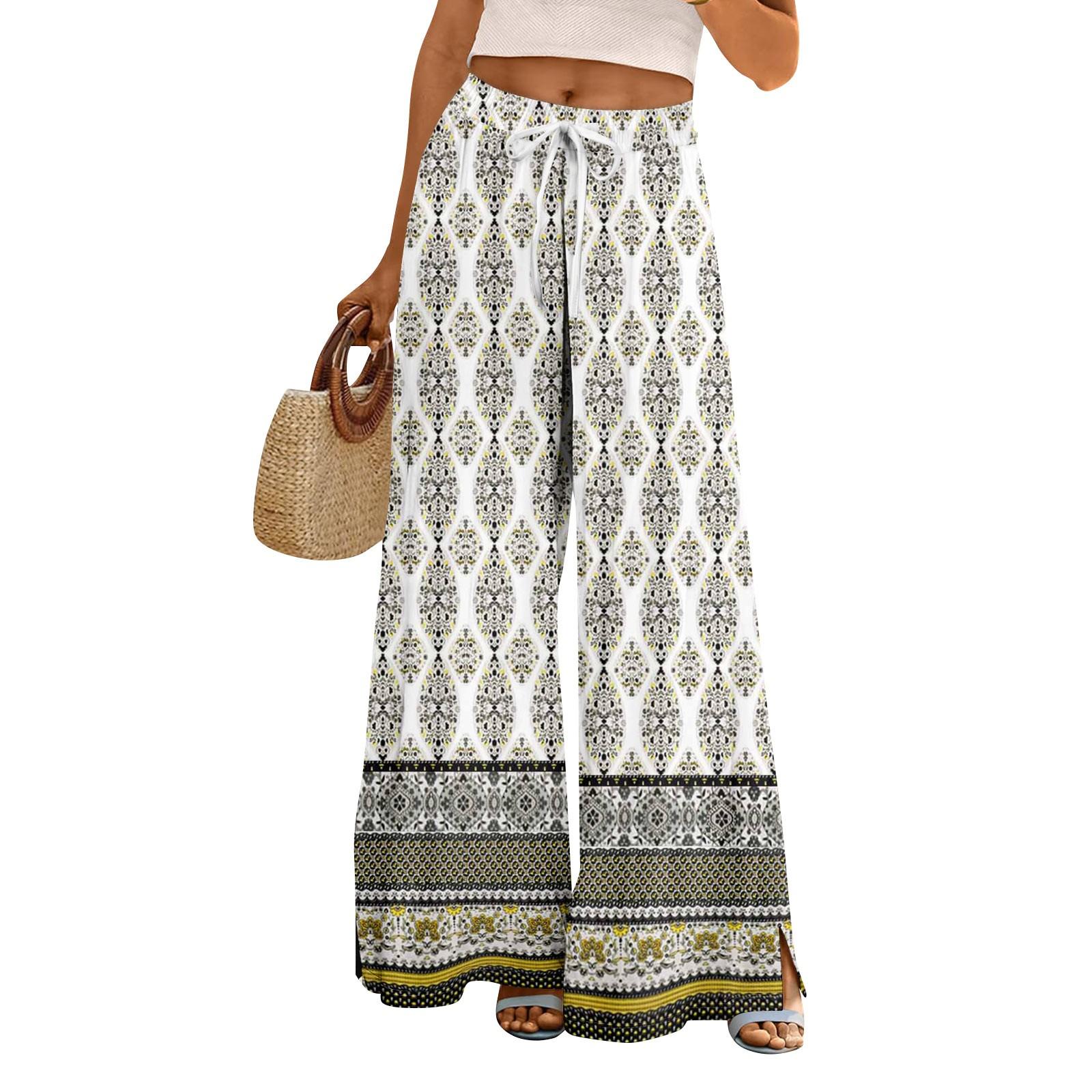 

Женские летние брюки-палаццо в стиле бохо с высокой талией, широкие повседневные брюки с цветочным принтом и карманами XL белый