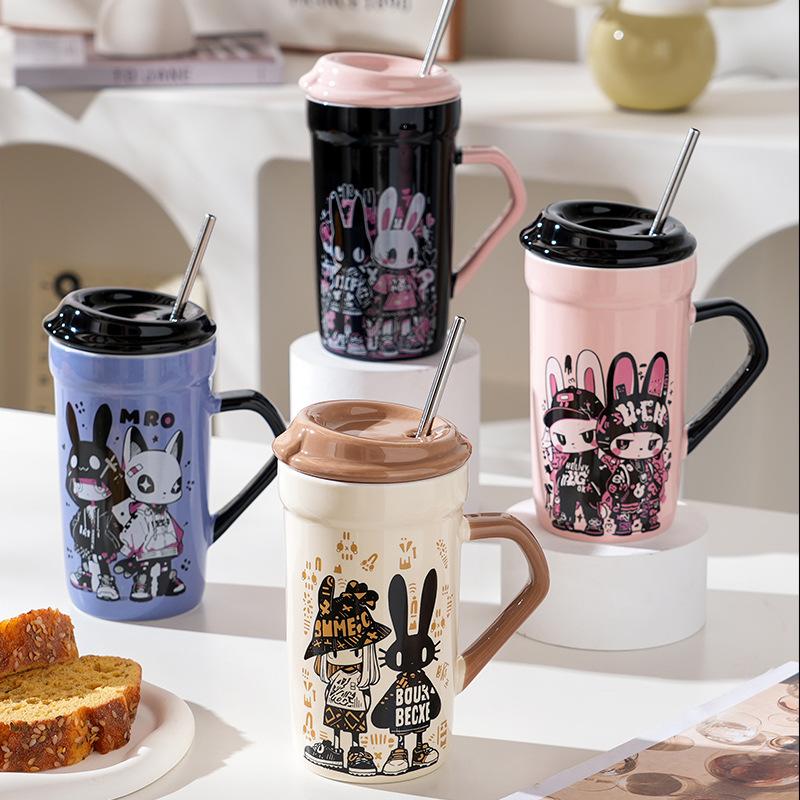 Cool Little Rabbit with Lid Spoon Ceramic Cup Cute High Value Mug Creative Personality Water Cup Girls Gift Cup