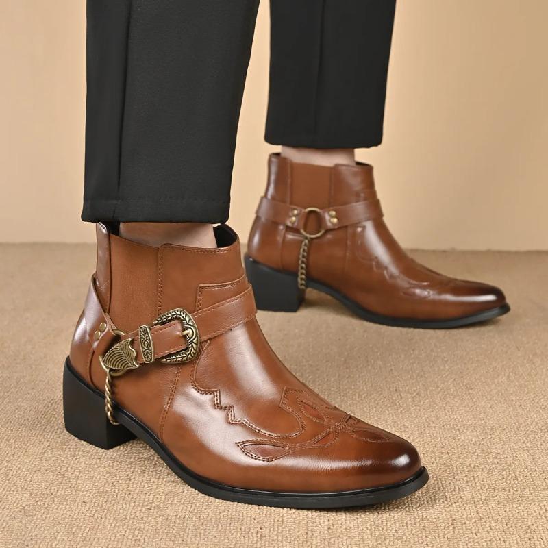 Stivali da Cowboy Vintage alla Moda da Uomo in Pelle con Cinturino Alto a Fibbia a Catena Scarpe a Punta Stivaletti da Motociclista da Uomo