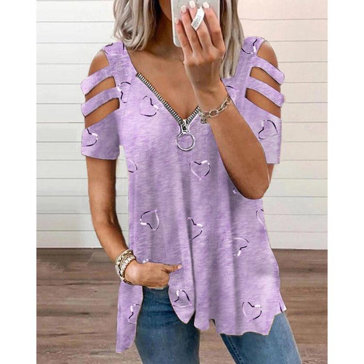 2024 Women's V-neck Zipper Print Short Sleeve Loose T-shirt with European & American Style