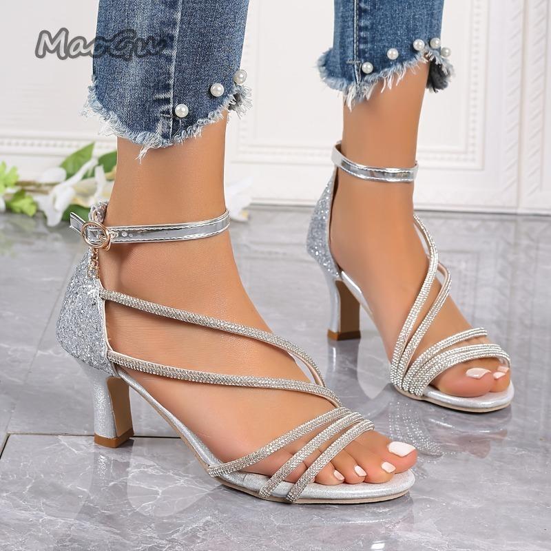 Fashion Elegant Women Wedding Party Prom Shoes Fashion Crystal Rhinestone Narrow Band Open Toe Thin High Heels Gladiator Sandals