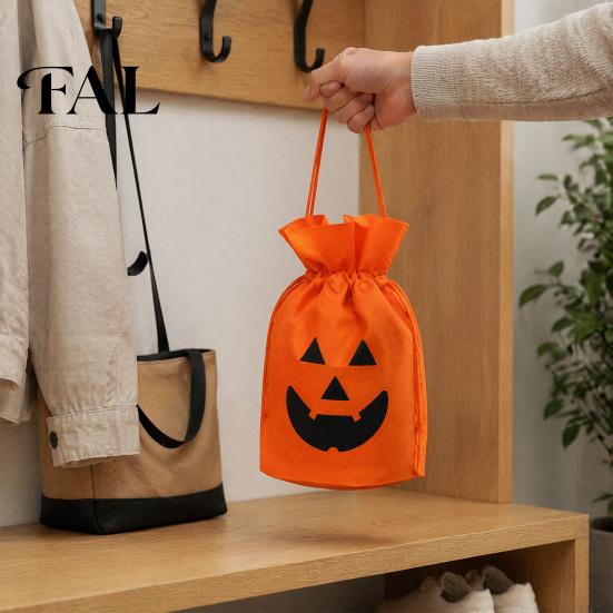 Halloween Pumpkin Bags for Kids 5 Pcs Treats Bag, Non-woven Fabric Candy Portable Snack Drawstring Goodie Party Favors Lightweight Totes Sweets