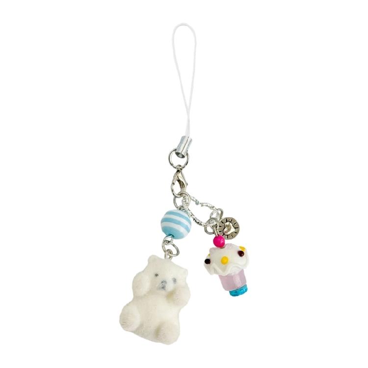 Stylish Flocking Bear Ice Cream Keychain Phone Lanyard Chain Beaded Jewelry Bag Hanging Accessory For Women