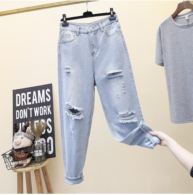 

2023 Летние Женские Узкие Корейские Брюки-Гаремы Папины Джинсы - Свободные Прямые Рваные Брюки Длиной Девять Девятых 2X Large