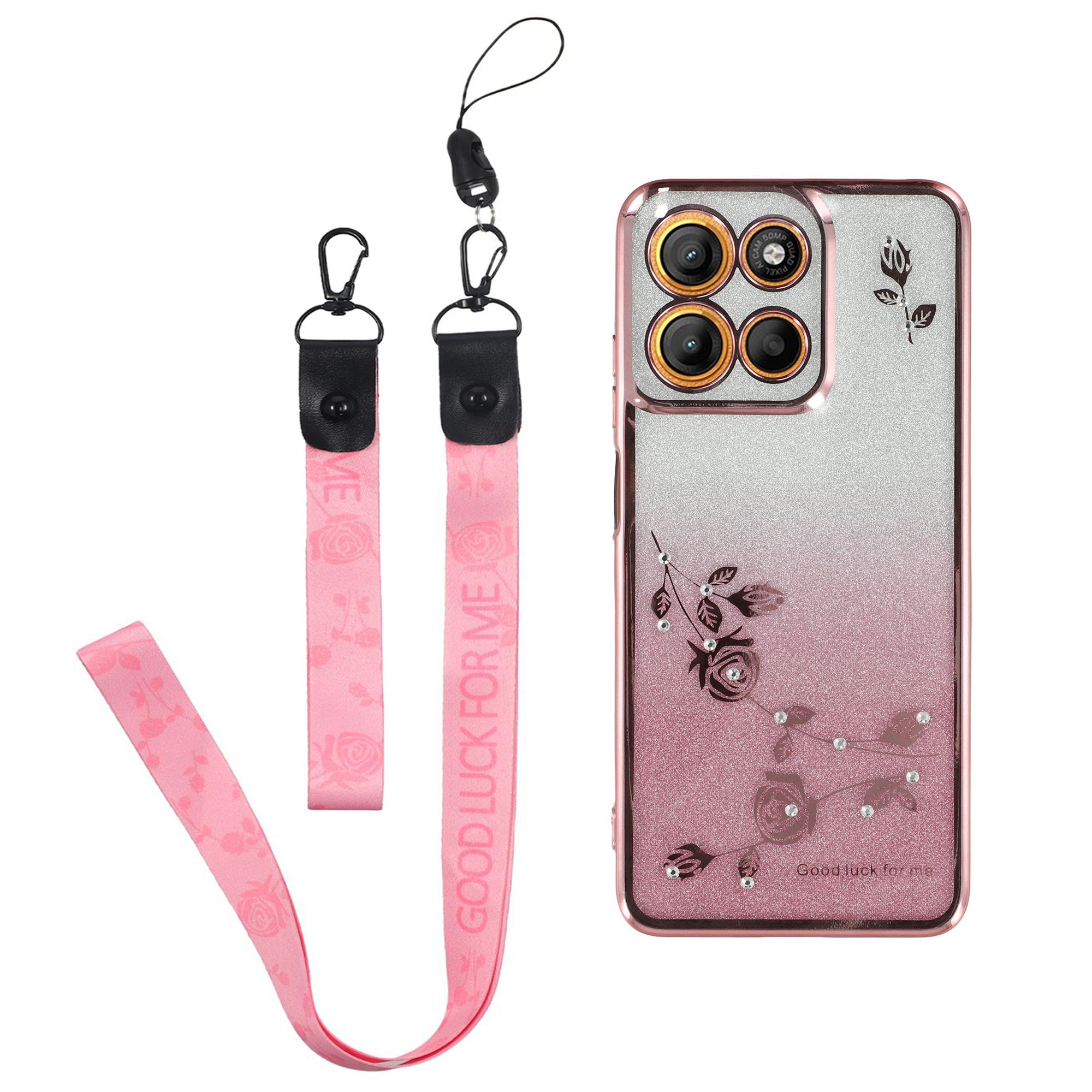 

Чехол KADEM для Motorola Moto G15 4G/G15 Power 4G с цветочным узором из ТПУ и градиентным покрытием со шнурками Rose Gold