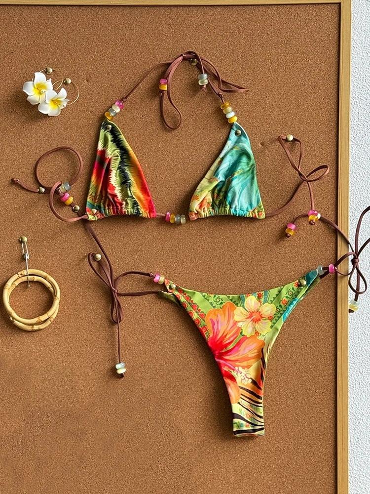 Wind split swimsuit set sexy strap print personalized bikini two-piece set