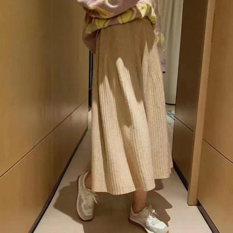 Hustý Teplý Dámský Pletený Svetr Sukně Vysoký Elastický Pas Áčkový Střih Módní Ležérní Dámské Dlouhé Sukně