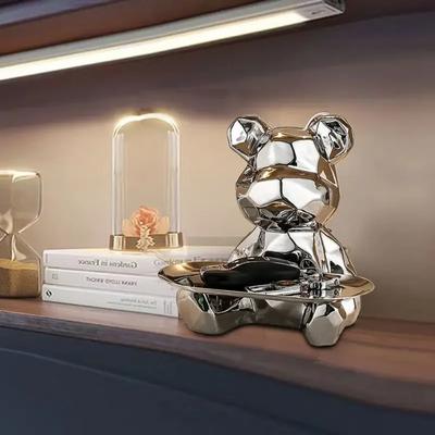 Statua di orso geometrico con vassoio portaoggetti, salvadanaio in ceramica placcata, portachiavi, scatola portaoggetti per cosmetici, decorazione statuetta da libreria.