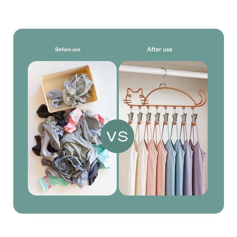 Cat Shape Clothes Drying Rack 8 Clips Capacity Windproof Waterproof Metal Hanger Balcony Sock Drying