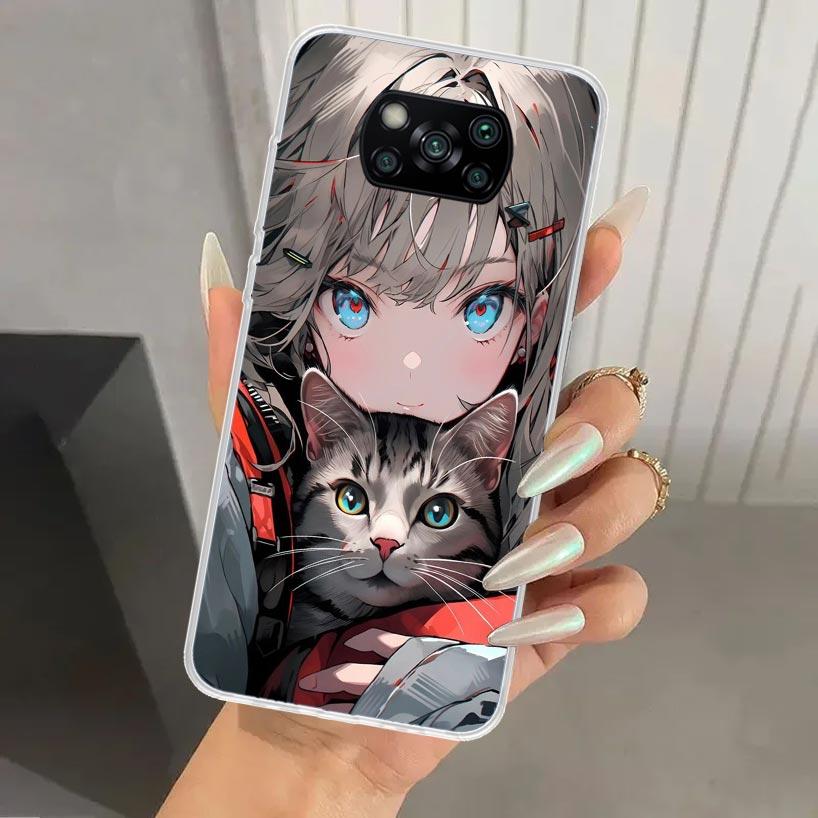 Anime Girls Cute Black Cat Phone Case for Xiaomi Poco X5 X6 X7 Pro F7 Ultra M7 Redmi 15 15C 13 13C 12 12C 10 10A 10C 9 9A 9C 9T