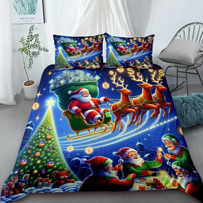 Cartoon Santa Claus Duvet Cover Elk Christmas Bedding Set With Zipper 1 Duvet Cover 2 Pillow Case Queen King Bedroom Decor