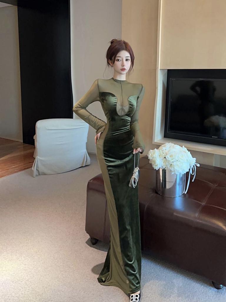 Evropská americká móda Klasické Dámské Temperament Kulatý výstřih Síťovina Dlouhý rukáv Sametové šaty Rybí ocas Dlouhá sukně