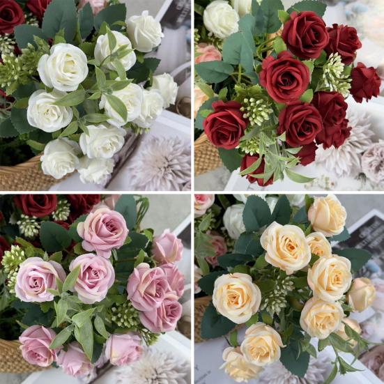 Artificial Rose Flower Multi-Heads Fake Rose Flower Bouquet with Stem for DIY Bridal Bouquet Wedding Party Table Centerpiece Home Decor